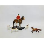 A BESWICK HUNTSMAN ON HORSE FIGURE ALONG WITH 3 BESWICK FOX HOUNDS AND BESWICK FOX