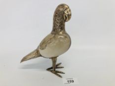 UNUSUAL CONTINENTAL SILVER PARROT MARKED 800 WITH A GLASS BODY IN A/F CONDITION