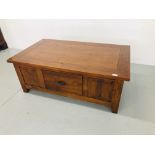 A HARDWOOD RECTANGULAR COFFEE TABLE WITH DRAWER 47 INCH LENGTH,