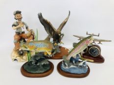 CAPODIMONTE STYLE DRUNK, PAIR OF RAINBOW RISING TROUT SCULPTURES, AVIATION ANNIVERSARY CLOCK,
