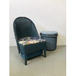 A BLUE FINISH LLOYD LOOM LOW SEATED CHAR AND LINEN BOX