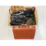 ANTLER TAN LEATHER BRIEFCASE + BOX OF DESIGNER LEATHER HANDBAGS