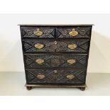 AN 18TH CENTURY OAK TWO OVER THREE CHEST OF DRAWERS WITH LATER CARVING WIDTH 39 INCH,