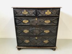AN 18TH CENTURY OAK TWO OVER THREE CHEST OF DRAWERS WITH LATER CARVING WIDTH 39 INCH,