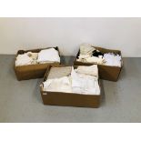 THREE BOXES CONTAINING AN EXTENSIVE COLLECTION OF LINEN AND LACE