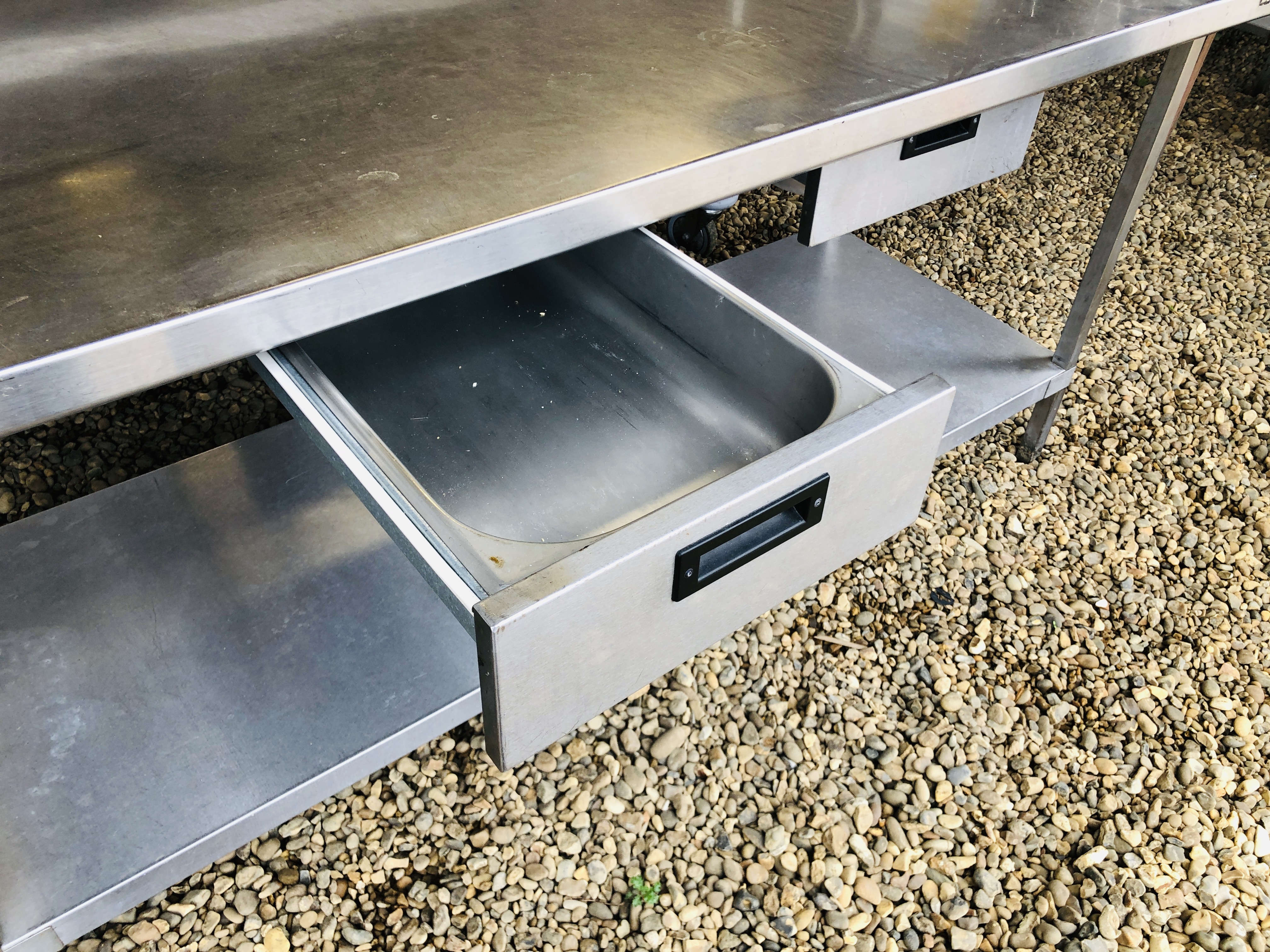 A MOFFAT STAINLESS STEEL COMMERCIAL TWO TIER PREPARATION TABLE FITTED WITH TWO DRAWERS AND - Image 3 of 3