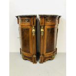 A PAIR OF REPRODUCTION CONTINENTAL GILT EMBELLISHED CORNER CABINETS WITH SINGLE DRAWER AND GREEN
