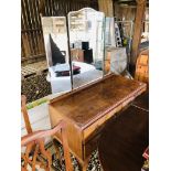 A WALNUT FINISH KNEE HOLE DRESSING TABLE WITH TRIPLE VANITY MIRRORS