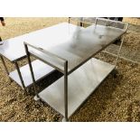 A STAINLESS STEEL COMMERCIAL TWO TIER WHEELED PREPARATION TABLE LENGTH 65 INCH WIDTH 25 INCH