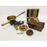 AN ANTIQUE MAHOGANY BRASS BOUND WRITING SLOPE, AN ANTIQUE ROSEWOOD SARCOPHAGUS SHAPE TEA CADDY A/F,