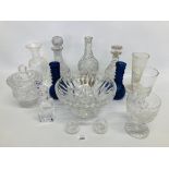 QUANTITY OF GLASSWARE TO INCLUDE PAIR OF HANDMADE BLUE GLASS VASES, VINTAGE DECANTERS,