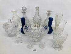 QUANTITY OF GLASSWARE TO INCLUDE PAIR OF HANDMADE BLUE GLASS VASES, VINTAGE DECANTERS,
