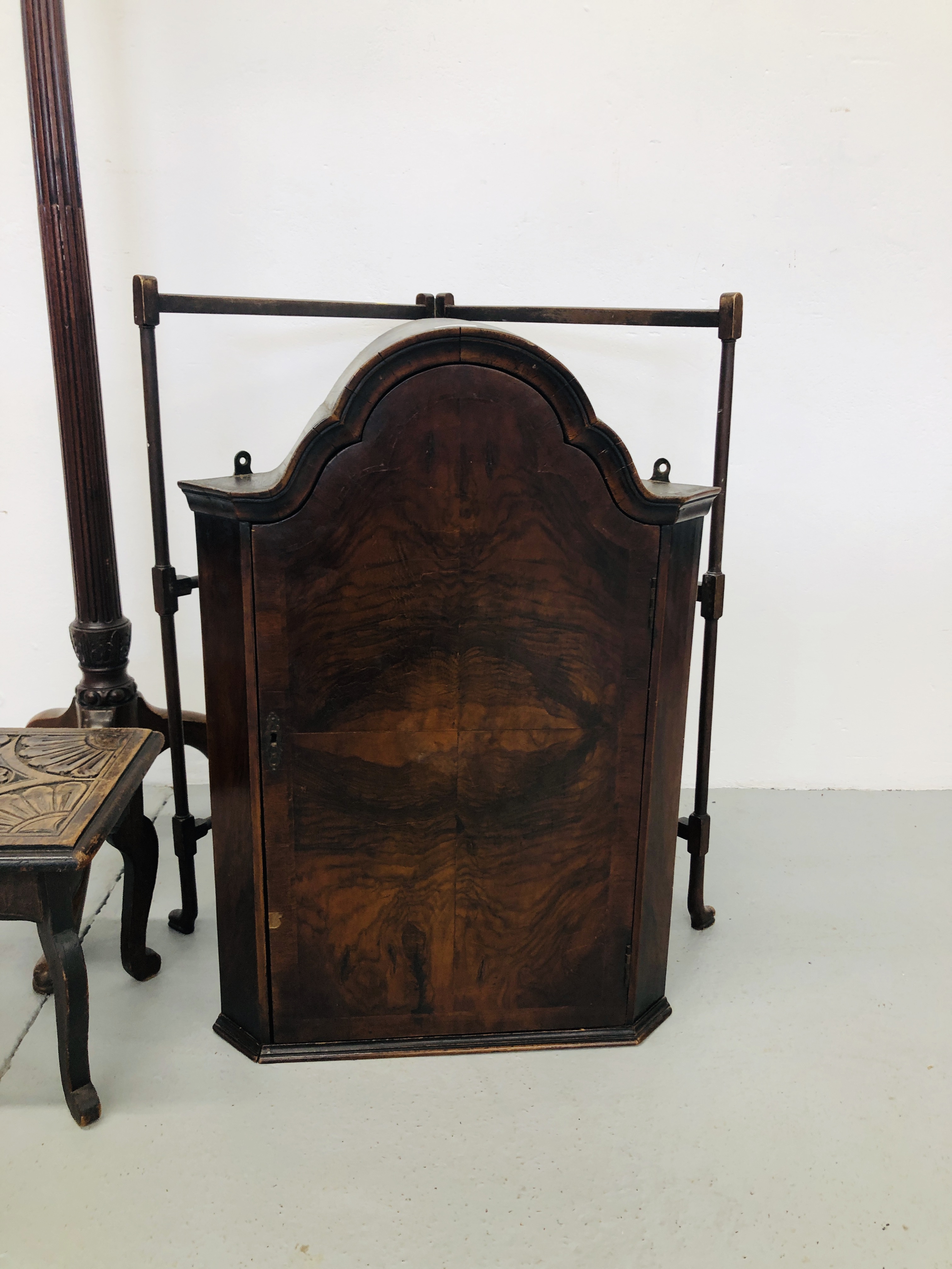 PERIOD WALNUT FINISH WALL HUNG CORNER CABINET WITH DOMED TOP + MAHOGANY STANDARD LAMP WITH REEDED - Image 2 of 2