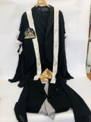 BOX OF GENT'S VINTAGE SUITS TO INCLUDE MAINLY BLACK TROUSERS & TAILS + GOWN MARKED CUMSCIENTIA