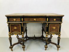 19TH. CENT. WALNUT EBONISED AND GILT METAL WRITING TABLE WITH INSET LEATHER TOP