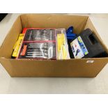 BOX CONTAINING ASSORTED TOOLS TO INCLUDE SPANNERS, CHISEL SET, AXLE STAND, JUMP LEADS, SOCKET SET,