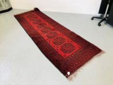 LARGE RED AND BLACK PATTERN HALL RUNNER AFGHAN RUG 105" X 35"