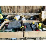 FOUR BOXES OF SHED SUNDRIES TO INCLUDE BLACK & DECKER 110 VOLT HEAVY DUTY HAMMER DRILL,
