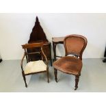 A MAHOGANY LOW CORNER CUPBOARD, A MAHOGANY ROPE BACK ELBOW CHAIR,