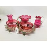 A SILVER PLATED ENTRÉ STAND WITH CRANBERRY GLASS INSERTS AND THREE FURTHER PIECES OF CRANBERRY