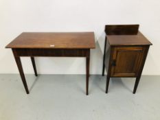 A MAHOGANY SIDE TABLE ON TAPERED LEG WITH DRAWER TO END AND AN EDWARDIAN MAHOGANY POT CUPBOARD