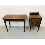 A MAHOGANY SIDE TABLE ON TAPERED LEG WITH DRAWER TO END AND AN EDWARDIAN MAHOGANY POT CUPBOARD