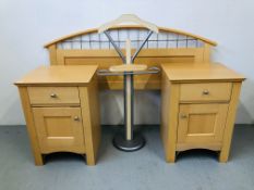 PAIR OF BEECHWOOD FINISH BEDSIDE CABINETS PLUS MATCHING DOUBLE HEADBOARD,