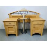 PAIR OF BEECHWOOD FINISH BEDSIDE CABINETS PLUS MATCHING DOUBLE HEADBOARD,