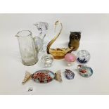 COLLECTION OF GLASS TO INCLUDE 2 RABBIT, 2 MUSHROOM PAPERWEIGHTS + ONE OTHER, AN OWL,