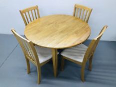 BEECH WOOD DROP FLAP TABLE AND 4 MATCHING UPHOLSTERED CHAIRS