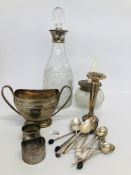 GLASS DECANTER WITH SILVER TOP (INCORRECT STOPPER), GLASS POT WITH A SILVER TOP,