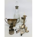 GLASS DECANTER WITH SILVER TOP (INCORRECT STOPPER), GLASS POT WITH A SILVER TOP,