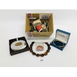 BOX CONTAINING VARIOUS METALWARE, JEWELLERY ETC. INCLUDING CORAL, AMBER TYPE NECKLACE HIP FLASK ETC.