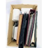 BOX WITH STAMPS AND FDC IN ALBUMS AND LOOSE, GB, DENMARK, NORWAY ETC.