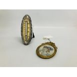 A SILVER MOUNTED THERMOMETER AND A GILT FRAMED PORTRAIT MINIATURE