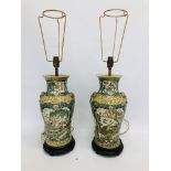 PAIR OF C19 CONVERTED TABLE LAMPS HAND DECORATED IN AN ORIENTAL PATTERN WITH BIRDS AND BAMBOO
