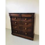 A VICTORIAN MAHOGANY SIX DRAWER CHEST (SOME LOSSES)