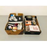 2 X BOXES OF HABERDASHERY ACCESSORIES TO INCLUDE VINTAGE COTTON REELS, BUTTONS ETC.