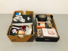 2 X BOXES OF HABERDASHERY ACCESSORIES TO INCLUDE VINTAGE COTTON REELS, BUTTONS ETC.