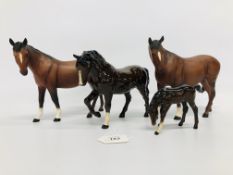 A PAIR OF ROYAL DOULTON BROWN HORSES (MATT FINISH) + GLOSS FINISH BROWN ROYAL DOULTON HORSE AND