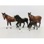 A PAIR OF ROYAL DOULTON BROWN HORSES (MATT FINISH) + GLOSS FINISH BROWN ROYAL DOULTON HORSE AND