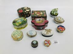 COLLECTION OF 12 TRINKET BOXES TO INCLUDE LIMOGES, PAPER MACHE,