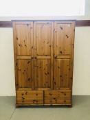 HONEY PINE TRIPLE WARDROBE WITH DRAWER BASE