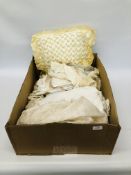 BOX OF VINTAGE LINEN & LACE TO INCLUDE MANY CHRISTENING GOWNS & DOLLS CLOTHES ETC.