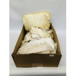 BOX OF VINTAGE LINEN & LACE TO INCLUDE MANY CHRISTENING GOWNS & DOLLS CLOTHES ETC.