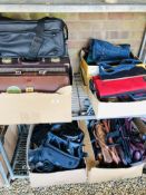 5 BOXES CONTAINING QUANTITY MIXED BAGS TO INCLUDE VINTAGE SUITCASES, LEVI BAG, WALLETS, RUCKSACKS,