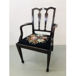 A MAHOGANY OPEN ELBOW CHAIR WITH FLORAL NEEDLE CRAFT SEAT
