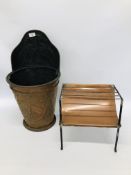 CONTINENTAL COPPER COAL BUCKET EMBOSSED WITH AN ARMORIAL ALONG WITH AN IRON & COPPER STAND