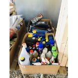 TWO BOXES CONTAINING AUTOMOTIVE OILS & CHEMICALS, FIRE EXTINGUISHER, FOOT PUMP, ETC.