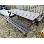 A LARGE TIMBER PICNIC BENCH SET 79 INCH LONG